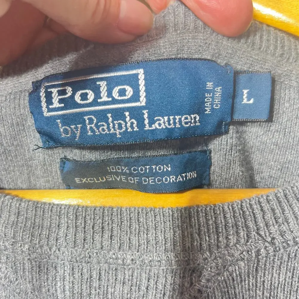 VTG 90s Polo Ralph Lauren Sweater Pullover Gray Mens Cotton Crew Neck Casual L